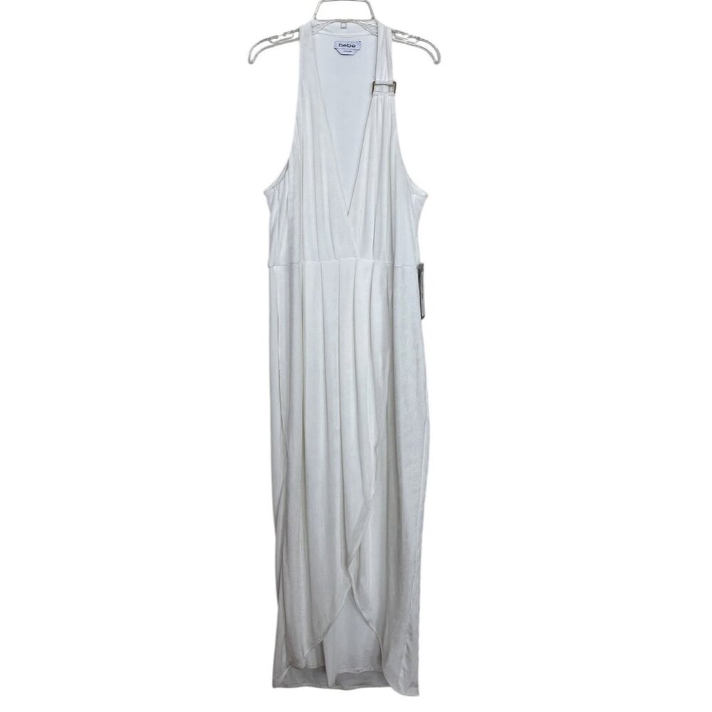 Bebe Dress Womens Size Large L Off White V Neck Sleeveless Pleated Stretch